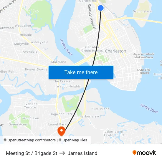 Meeting St / Brigade St to James Island map