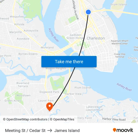 Meeting St / Cedar St to James Island map