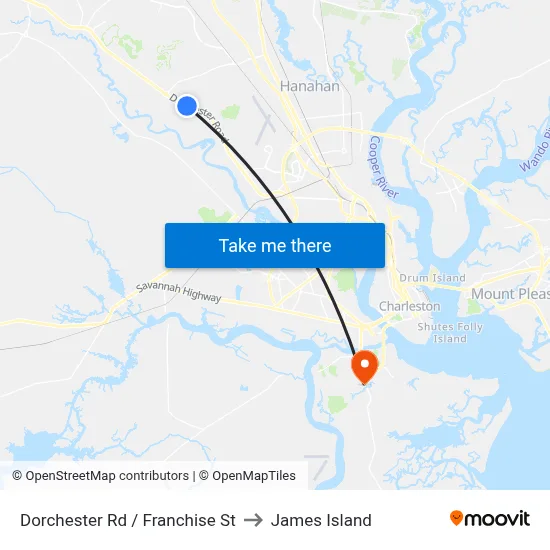 Dorchester Rd / Franchise St to James Island map