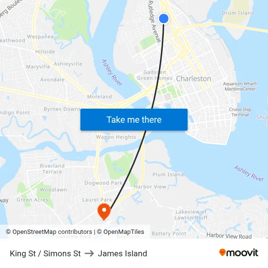 King St / Simons St to James Island map