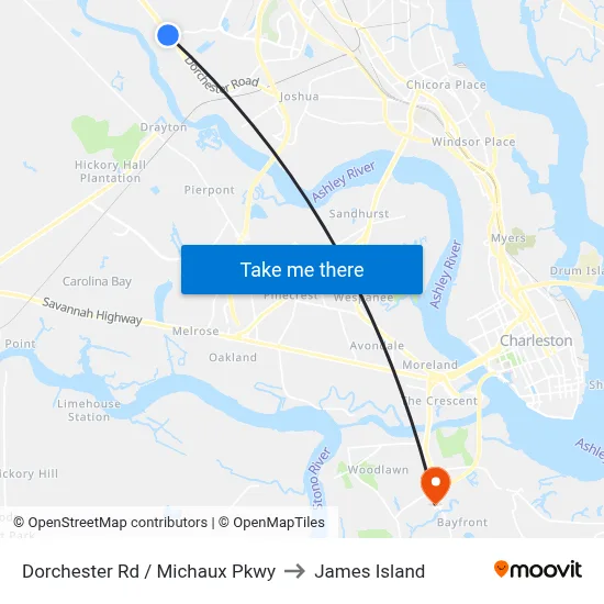 Dorchester Rd / Michaux Pkwy to James Island map