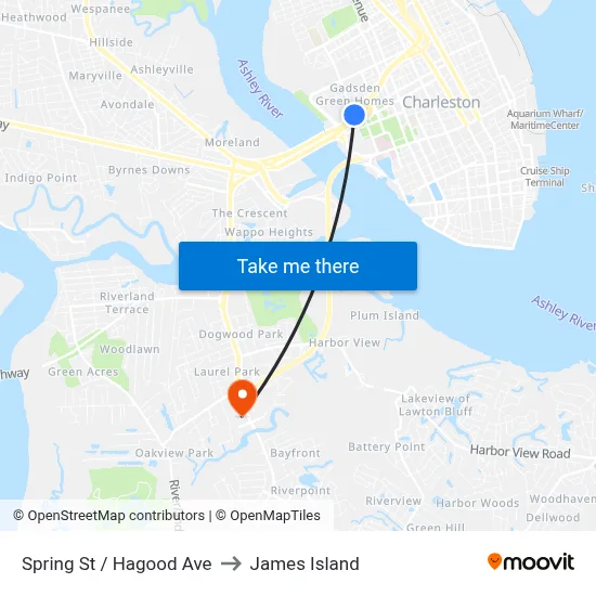 Spring St / Hagood Ave to James Island map