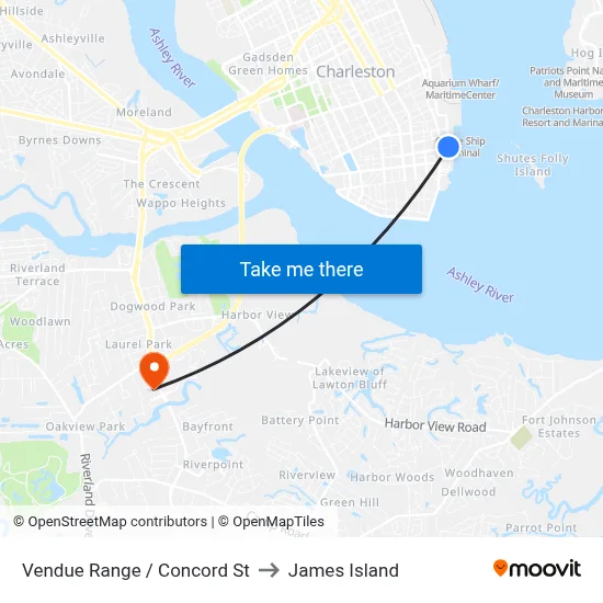 Vendue Range / Concord St to James Island map