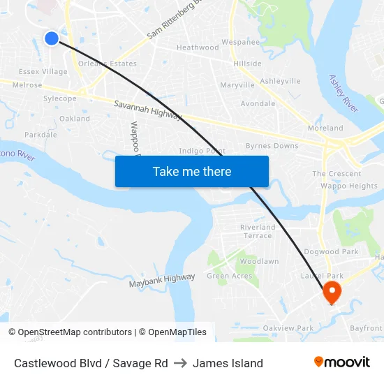 Castlewood Blvd / Savage Rd to James Island map