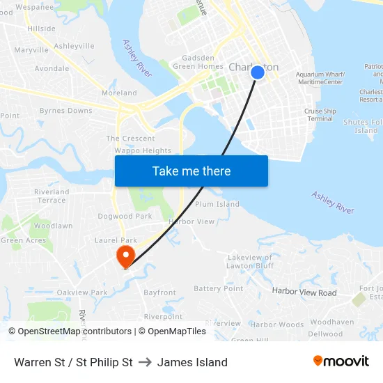 Warren St / St Philip St to James Island map