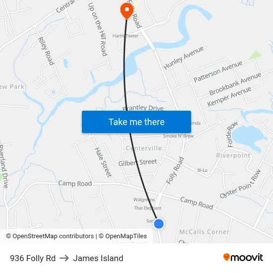 936 Folly Rd to James Island map