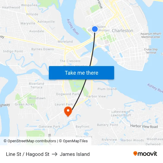 Line St / Hagood St to James Island map