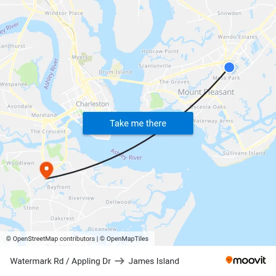 Watermark Rd / Appling Dr to James Island map