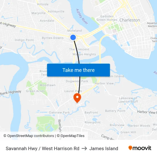 Savannah Hwy / West Harrison Rd to James Island map