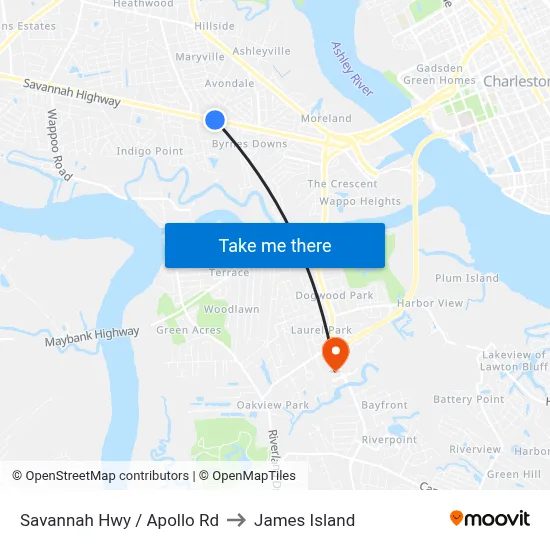 Savannah Hwy / Apollo Rd to James Island map