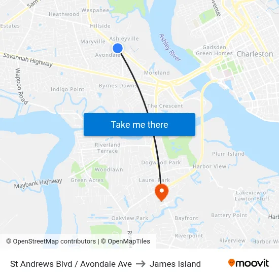 St Andrews Blvd / Avondale Ave to James Island map