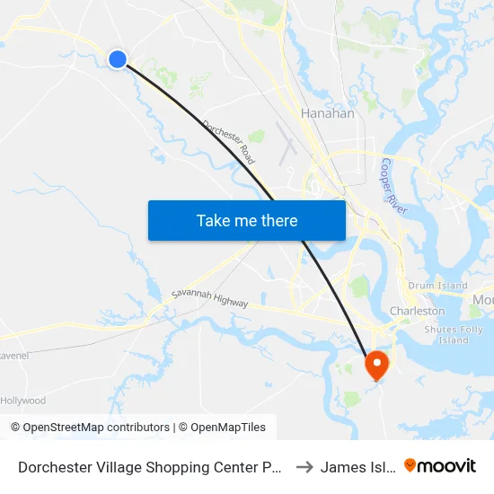 Dorchester Village Shopping Center Park & Ride to James Island map
