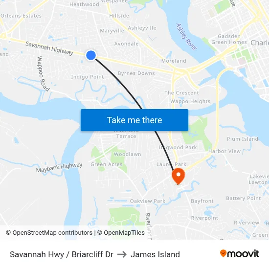 Savannah Hwy / Briarcliff Dr to James Island map