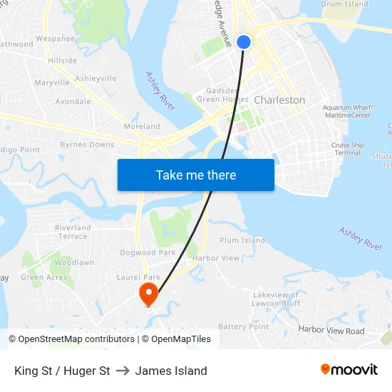 King St / Huger St to James Island map