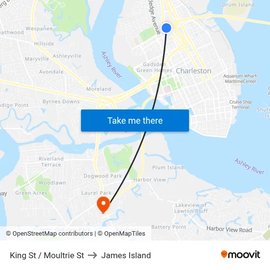 King St / Moultrie St to James Island map
