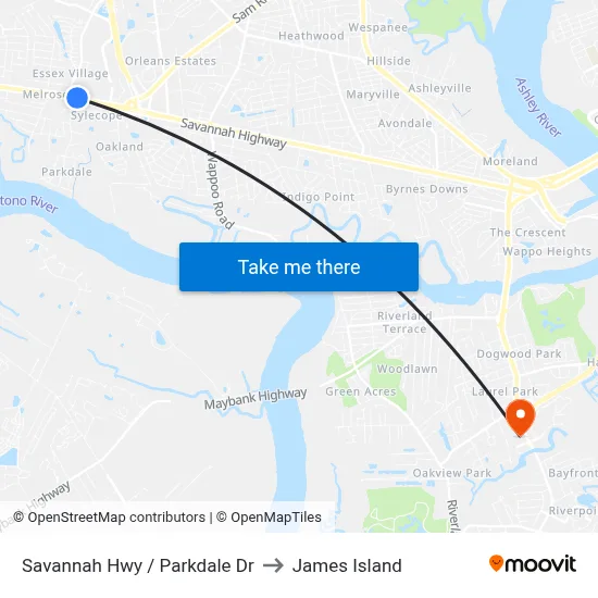 Savannah Hwy / Parkdale Dr to James Island map