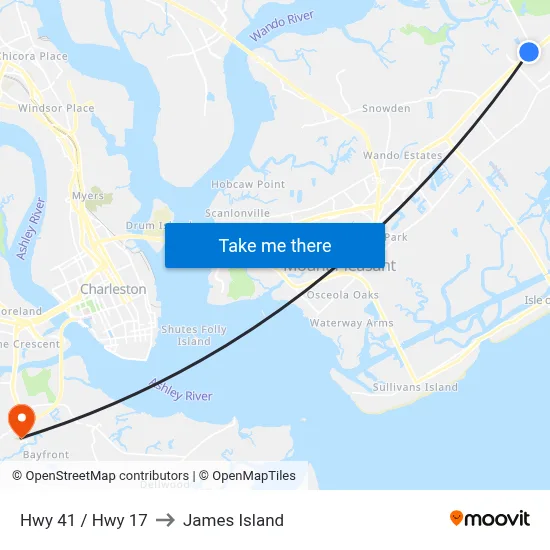 Hwy 41 / Hwy 17 to James Island map