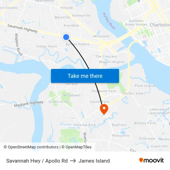 Savannah Hwy / Apollo Rd to James Island map