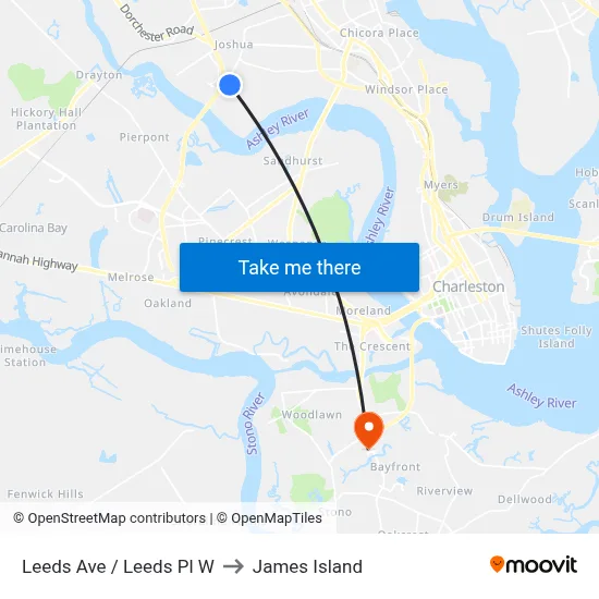 Leeds Ave / Leeds Pl W to James Island map