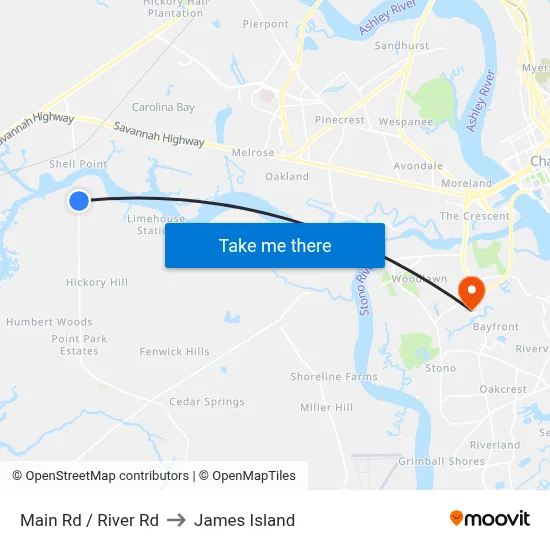 Main Rd / River Rd to James Island map