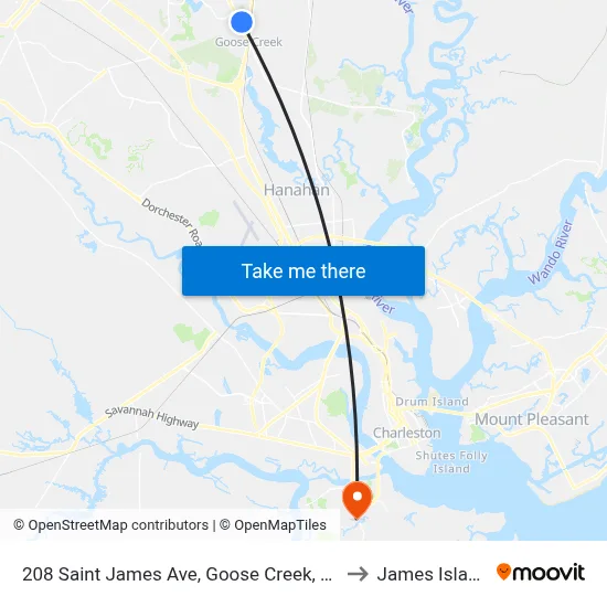 208 Saint James Ave, Goose Creek, Sc to James Island map