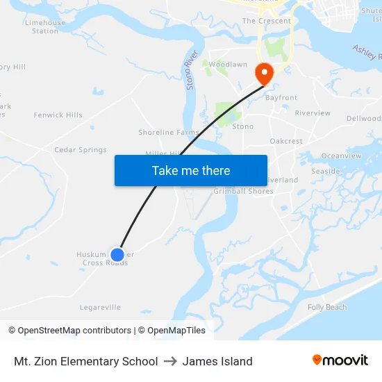 Mt. Zion Elementary School to James Island map