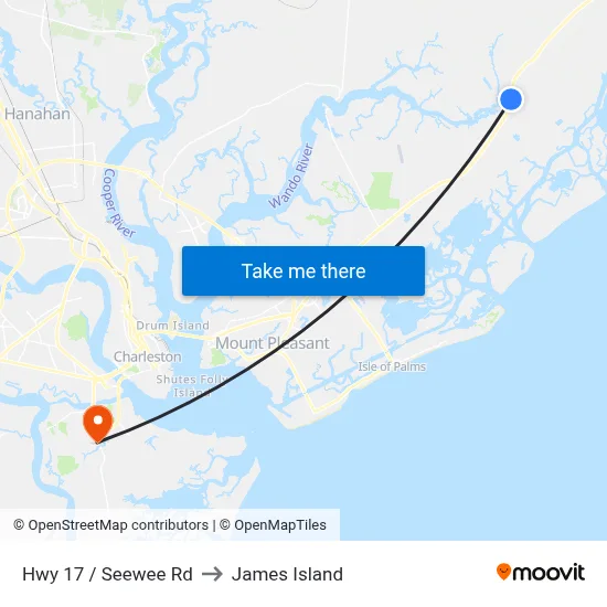 Hwy 17 / Seewee Rd to James Island map