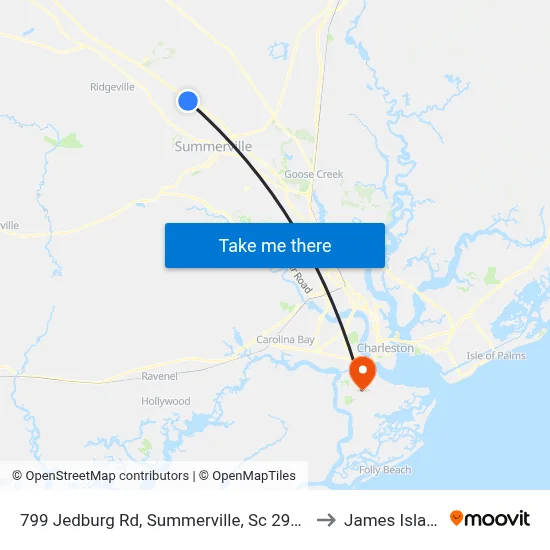 799 Jedburg Rd, Summerville, Sc 29483 to James Island map