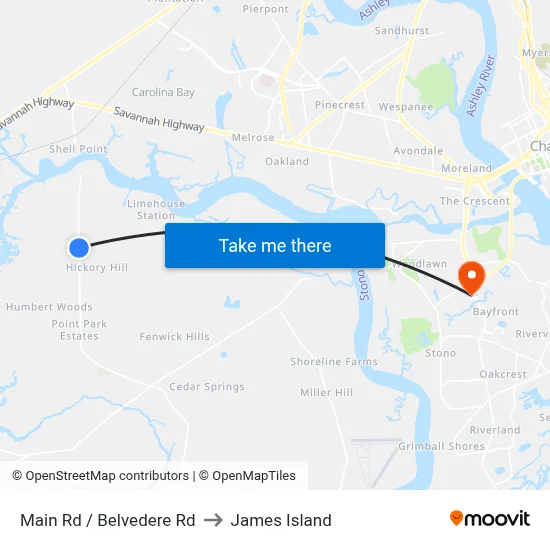 Main Rd / Belvedere Rd to James Island map