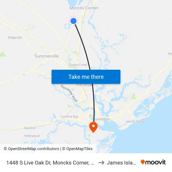 1448 S Live Oak Dr, Moncks Corner, Sc to James Island map