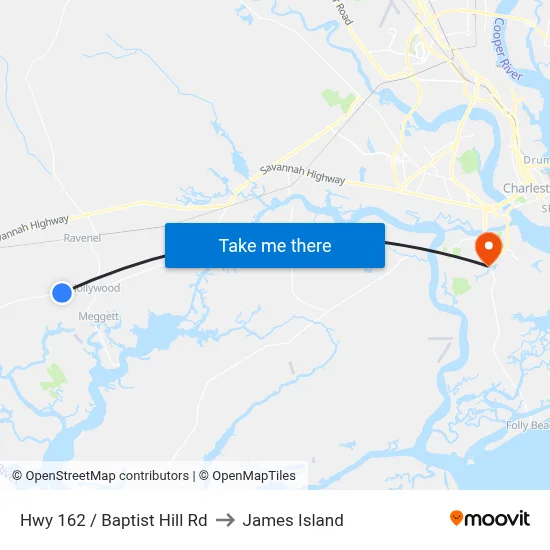 Hwy 162 / Baptist Hill Rd to James Island map