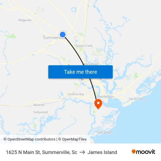 1625 N Main St, Summerville, Sc to James Island map