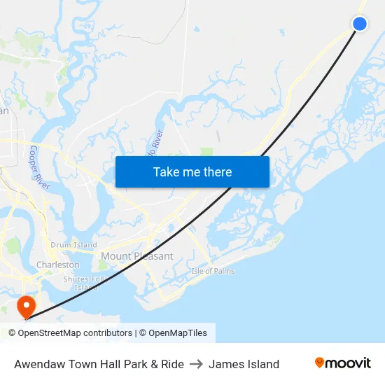 Awendaw Town Hall Park & Ride to James Island map