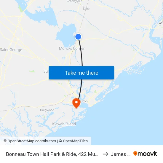 Bonneau Town Hall Park & Ride, 422 Municipal Ln, Bonneau, Sc to James Island map
