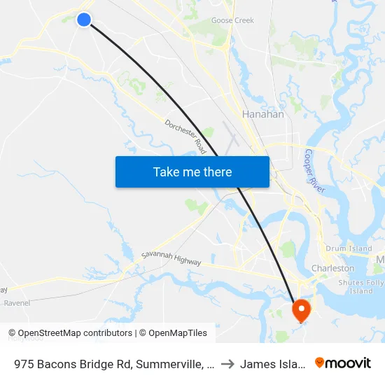 975 Bacons Bridge Rd, Summerville, Sc to James Island map