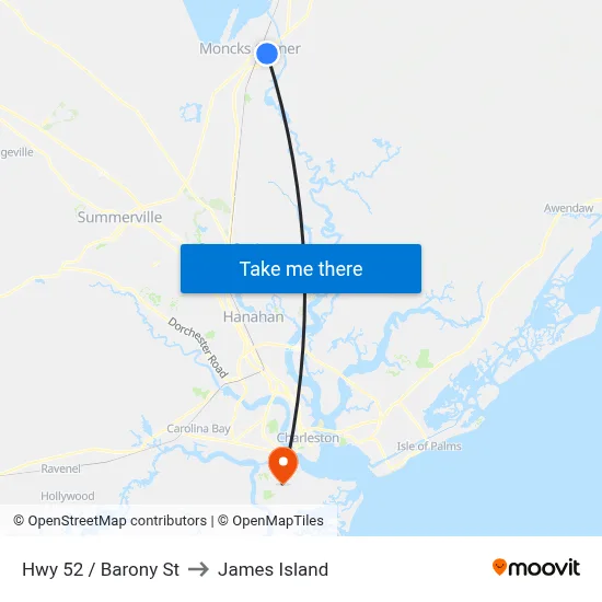 Hwy 52 / Barony St to James Island map