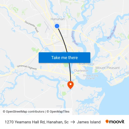 1270 Yeamans Hall Rd, Hanahan, Sc to James Island map