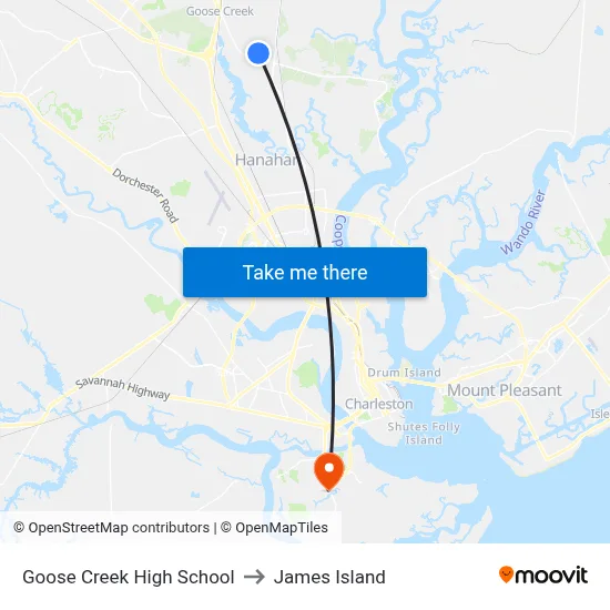 Goose Creek High School to James Island map