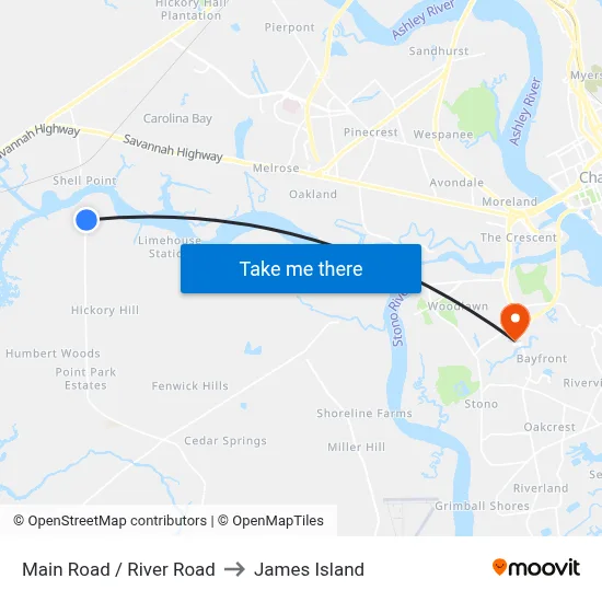 Main Road / River Road to James Island map