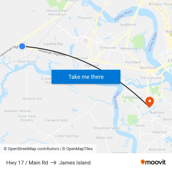 Hwy 17 / Main Rd to James Island map