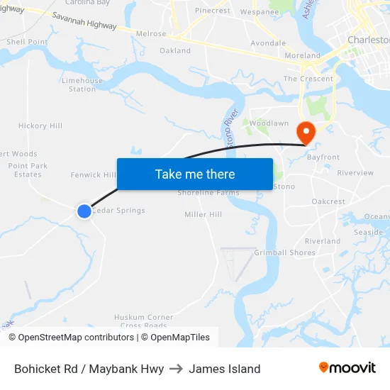Bohicket Rd / Maybank Hwy to James Island map