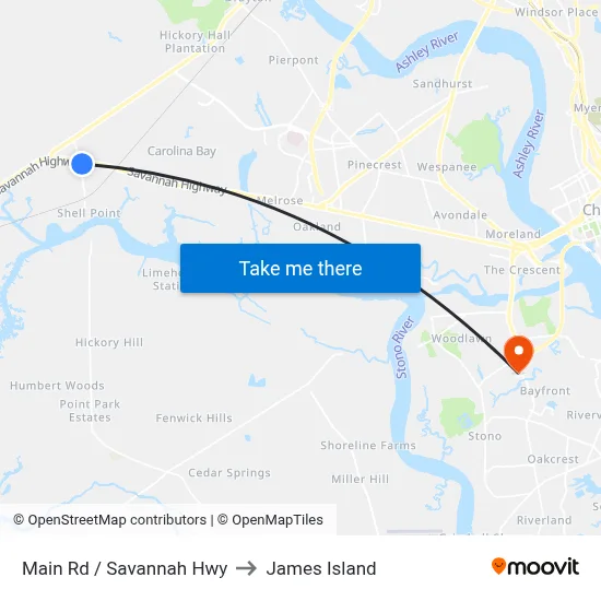 Main Rd / Savannah Hwy to James Island map