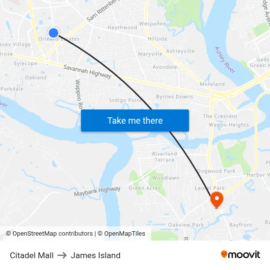 Citadel Mall to James Island map