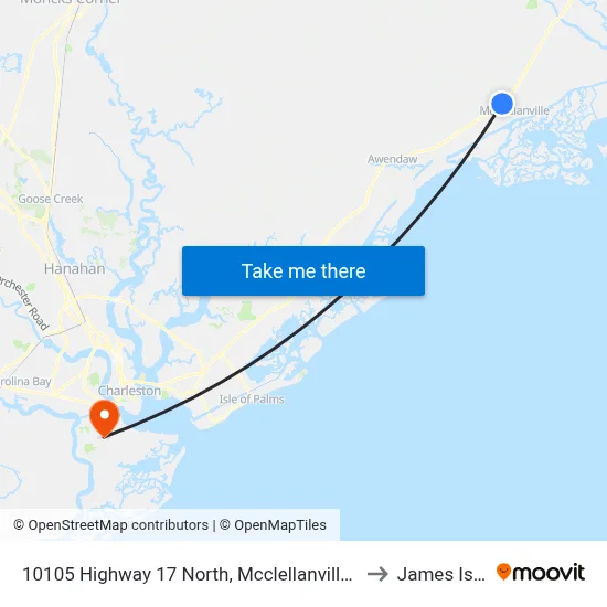 10105 Highway 17 North, Mcclellanville, Sc 29458 to James Island map