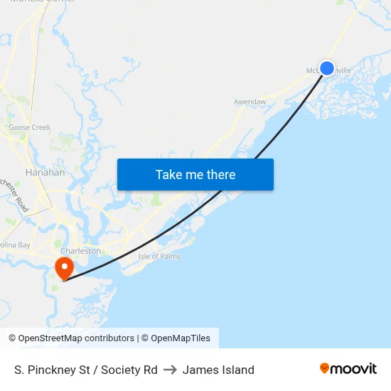 S. Pinckney St / Society Rd to James Island map