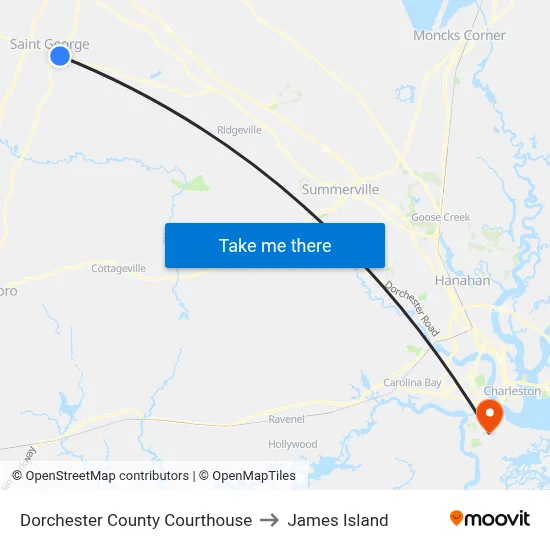 Dorchester County Courthouse to James Island map