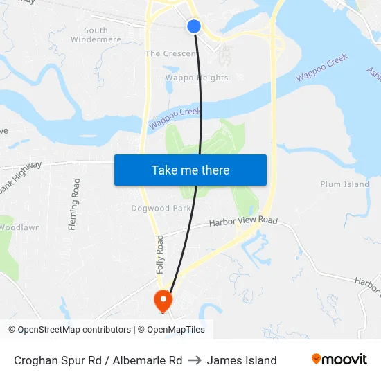 Croghan Spur Rd / Albemarle Rd to James Island map