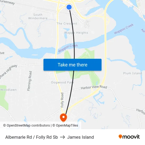 Albemarle Rd / Folly Rd Sb to James Island map