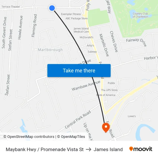 Maybank Hwy / Promenade Vista St to James Island map
