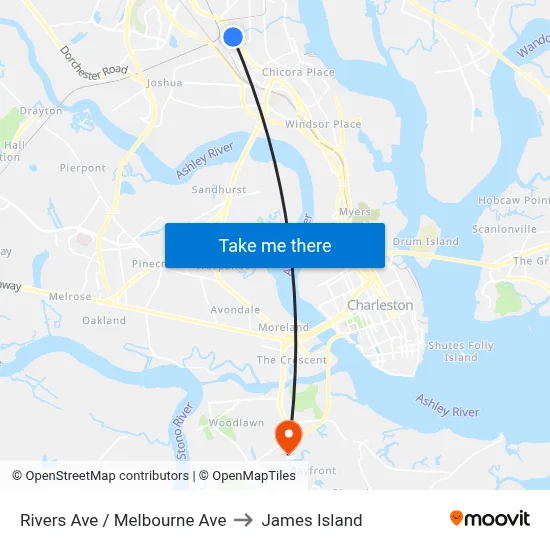 Rivers Ave / Melbourne Ave to James Island map